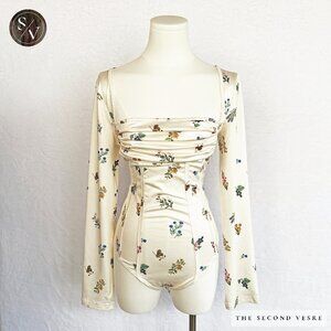 NWT Cider Long Sleeve Ruched Cottagecore Ditsy Floral Ivory Corset Bodysuit